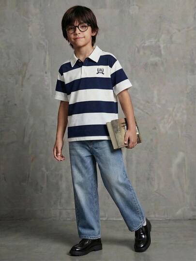 Casuvi Kids Nautical Academy Style Striped Polo Shirt For Teens (Boys), Loose Fit With Wide Blue & White Stripes, Fashion Emblem On Chest, Suitable For Campus, Commute, And Casual Weekend Wear Polo For Boys Boy Clothes