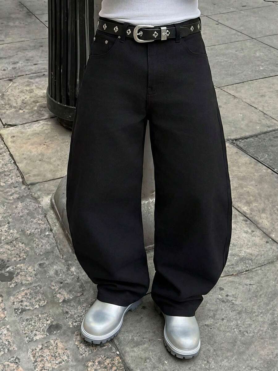 Manfinity EMRG Gothic Punk Style Men's Wide Leg Long Black Denim Jeans With Graphic Pattern And Zipper - Black - View 1