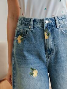 Anewsta Women's Fashion Pockets Fruit Embroidery Straight Leg Jeans - Blue - View 2