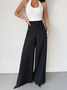 Firerie Women's Casual Chic High Waist Textured Wide Leg Pants, Suitable For Back To School And Commuting - Black - View 4