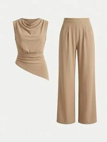 Firerie Set de damă cu top, guler drapat, tiv neregulat, culoarea cămilă, și pantaloni ușor evazați cu picior drept, set de pantaloni de culoare uni, set la modă modern, set elegant pentru naveta, set șic, set fără mâneci, îmbrăcăminte de primăvară/toamnă/iarnă, ținută elegantă, pentru naveta, business, casual, minimalistă, de lucru, ținută de Ziua Profesorului - Cămilă - Vizualizare 4