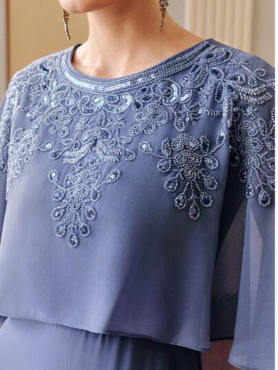 Anewsta Mother's Day Long Rhinestone Embellished Shawl Collar Dress, Elegant For Formal Occasions Islamic Dresses For Women Dusty Blue Elegant Dress