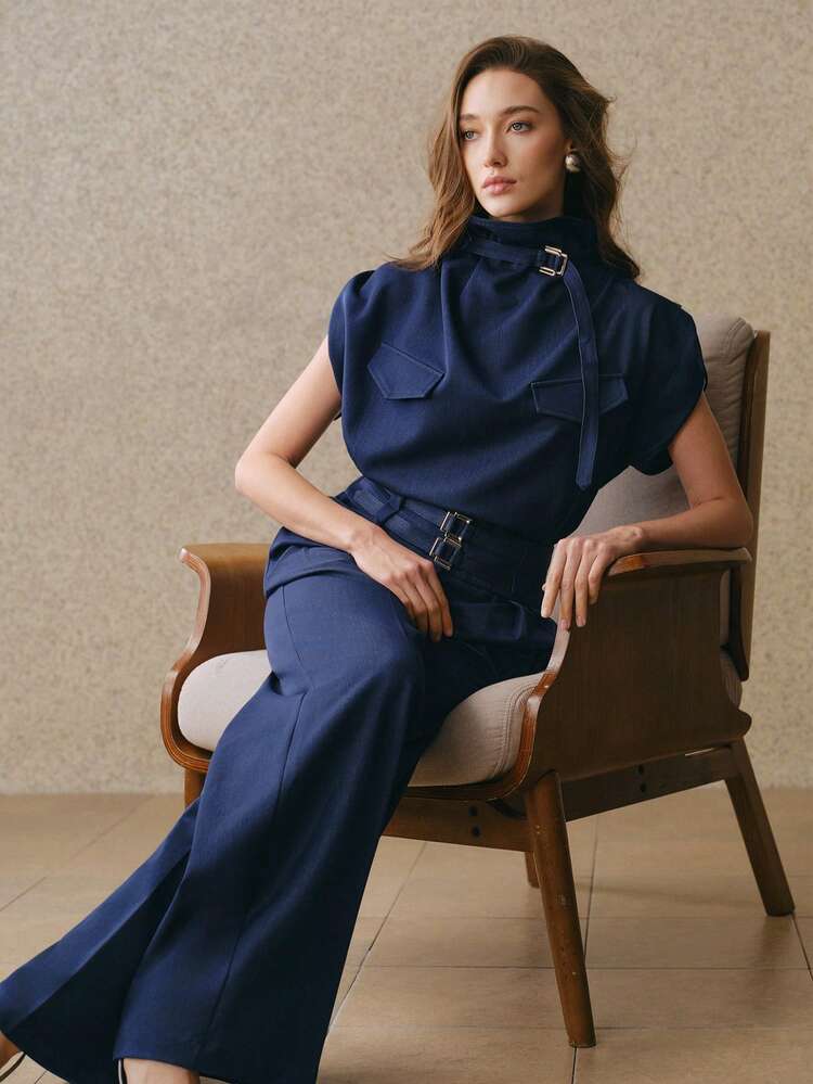 Women's Vintage Adjustable Ruffle Collar Sleeveless Pullover Top, Spring/Summer Navy Blue Blouses