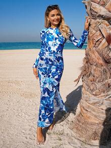 Swim Mulvari 女士扎染花卉经典印花连体泳衣，网纱拼接长款连衣裙，中东风格连体泳装 - 藍色 - 查看 5