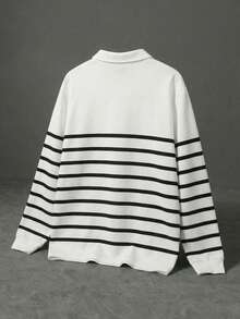 SUMWON Long Sleeve Striped Polo Shirt With Collared Neckline Regular Fit Casual Horizontal Stripe Pattern - White - View 2