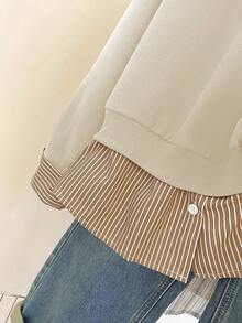 INAWLY 大码女式休闲日常通勤标语刺绣条纹拼布运动衫，春秋季