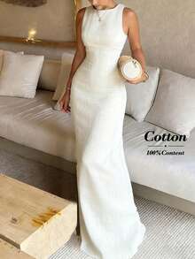 Easowa Damska sukienka na co dzień, w jednolitym kolorze, z okrągłym dekoltem, bez rękawów, na Walentynki, elegancka i elegancka, dopasowana, z czystej białej bawełny, wygodna i oddychająca, na Walentynki - Morela - Zobacz 1