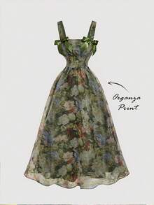 SHEIN MOD Women's Floral Print Bow Decor Elegant Waist Cinched Long Party Dress,Holiday Outfits,Tea Party Dress,Vintage Dress,Valentine's Day Dress,Garden Party Formal Dress,Spring Break Outfits,Summer Dress,Beach Dress,Wedding Party Dress,Holiday Outfits Wildflower Dress Floral Formal Dress Garden Dress