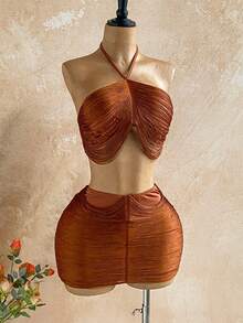 Soleia 2pcs Vacation Sexy Fringe Halter Backless Crop Top And Low Waist Skirt Set, Suitable For Music Festival, Boho, Holiday, Date, Afternoon Tea - Brown - View 6