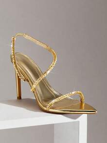 SHUZIA Women's Metallic PU Sexy Point Toe Rhinestone Back Strap Stiletto Heel Sandals - Gold - View 6