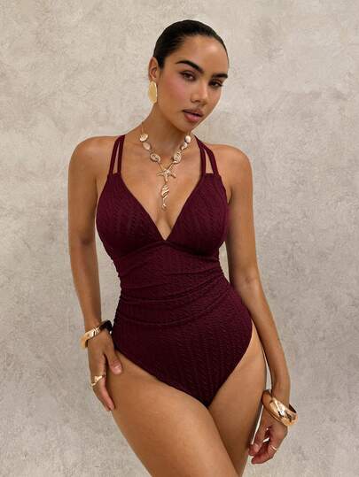 SHEIN Glamour 女士夏季编织连体泳衣，紫红色面料，独特背部设计，时尚简约，适合海滩和度假村穿着