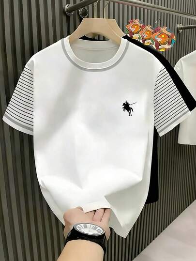 Manfinity Dauomo Men's Casual Striped Patchwork Short Sleeve T-Shirt, Summer