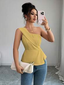 Selianne Blusa plisada de unicolor elegante para mujer, adecuada para el uso diario en verano - amarillo ganso - Ver 3