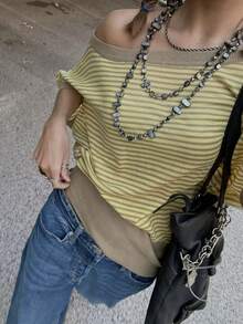 Aloruh 女士休闲日常黄色撞色条纹短袖毛衣，春夏款 - 彩色 - 查看 1