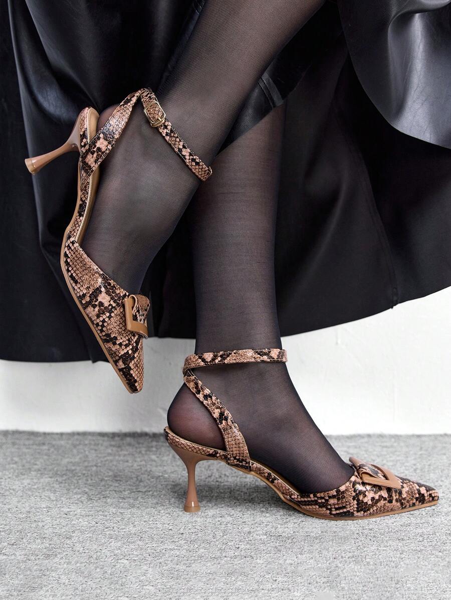 CUCCOO BIZCHIC Women's Fashion Python Pattern Buckle High Heel Pumps Valentine's Day - Brown - View 1