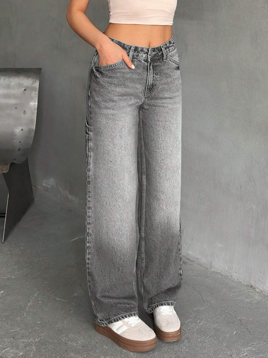 EURMUSE 女士阔腿低腰牛仔裤 - 灰色 - 查看 1