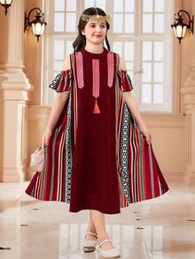 Đầm trễ vai họa tiết hình học chắp vá phong cách vintage thường ngày cho bé gái tuổi teen - Màu Đỏ Sâu - Xem 1