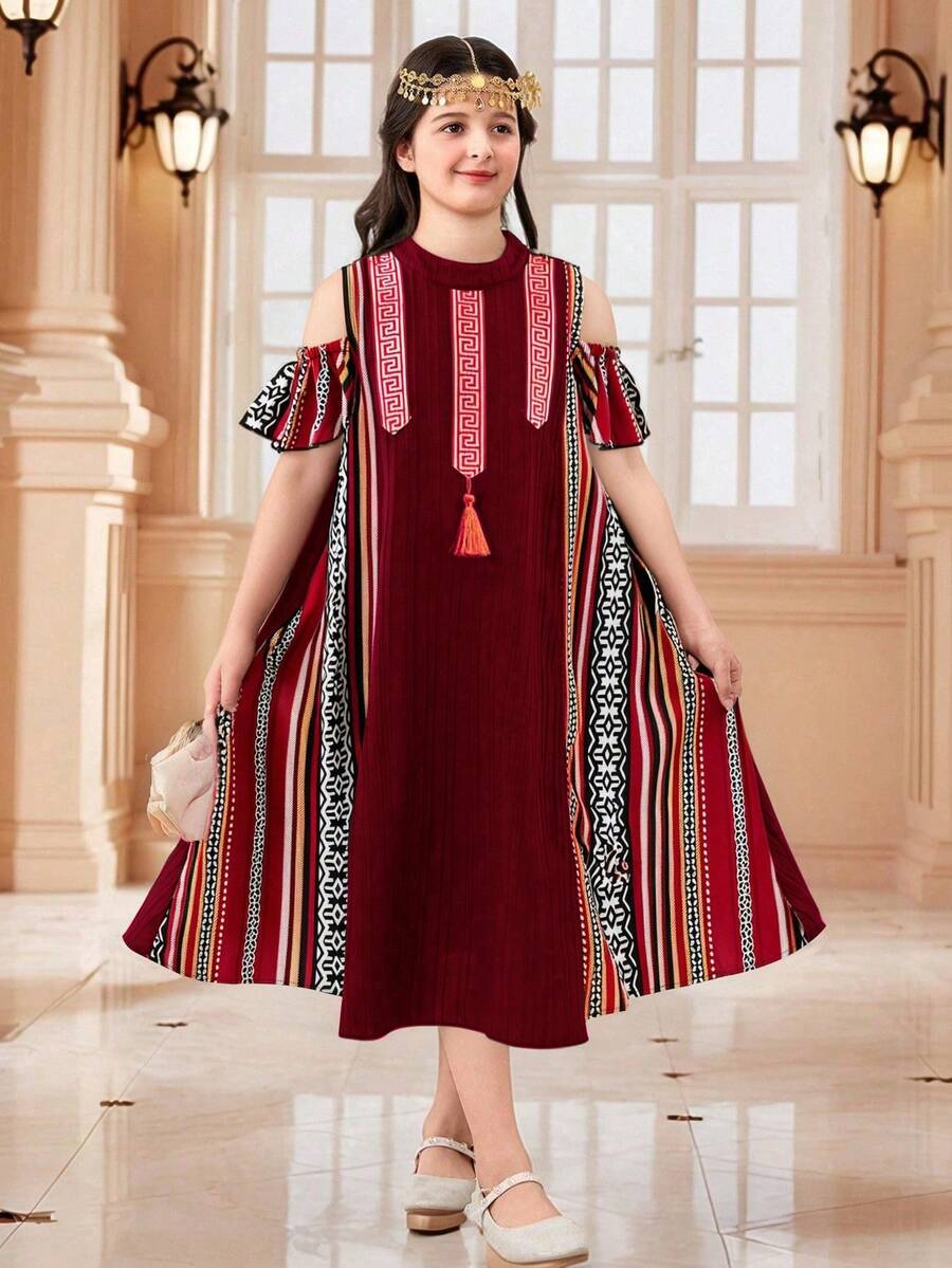 Đầm trễ vai họa tiết hình học chắp vá phong cách vintage thường ngày cho bé gái tuổi teen - Màu Đỏ Sâu - Xem 1