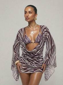 SHEIN BAE Women's Vacation Zebra Print Draped Neck Flare Sleeve Kaftan Dress,Summer,Spring Break Outfits ,Valentine's Day,Beach ,Beach Outfits For Women ,Beach Outfit ,Birthday,Going Out,Zebra Print Cover-Up,Leopard,Vacation Outfits Women ,Summer Holiday Outfits,Spring Break Outfits ,(The Bikini Set Is Not Included.2026 Summer New Beachwear, Beach Party - Multicolor - View 5