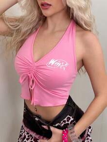 The Winx X SHEIN Women's Y2K Sexy Fashion Street Letter Print Drawstring Ruched Backless Halter Top, Summer - Pink - View 3
