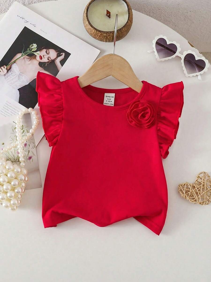Baby Girl Cute Summer Versatile Knit Red Bow Tie Cap Sleeve Top - Red - View 1