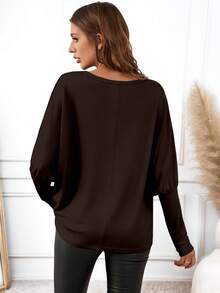 EMERY ROSE Women's Casual Minimalist Dark Brown Batwing Sleeve T-Shirt, Autumn - Multicolor - View 2