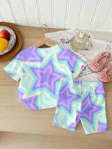 SHEIN 2pcs Tie-Dye, K-POP Cartoon Girl Portrait Casual Comfortable Round Neck Short Sleeve T-Shirt And Shorts Set, Suitable For Spring/Summer Daily Wear, Home, Sports - Multicolor - View 2