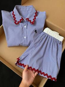 Comfortcana 女士休闲编织吊带格子衬衫短裤两件套，夏季 - 藍色 - 查看 1