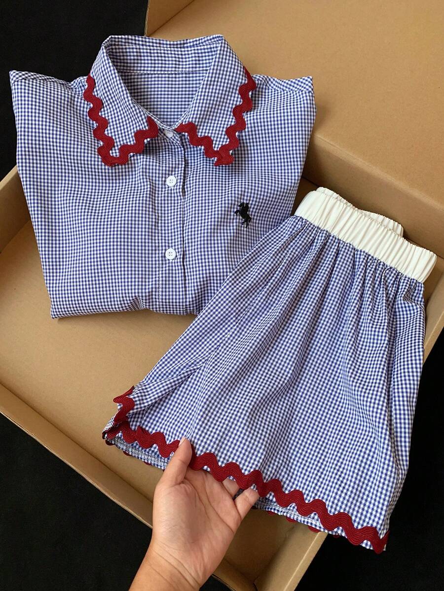 Comfortcana 女士休闲编织吊带格子衬衫短裤两件套，夏季 - 藍色 - 查看 1