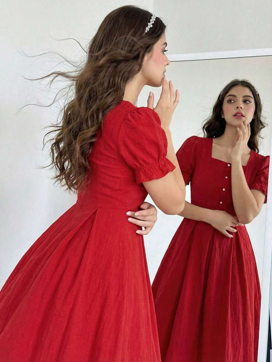 SHEIN Đầm đỏ trơn tay phồng có thắt lưng, kiểu dáng thường ngày, thanh lịch, phù hợp cho bé gái tuổi teen, thích hợp mặc đi chơi, mua sắm, đi học, dự tiệc vào mùa hè. - Đỏ - Xem 1
