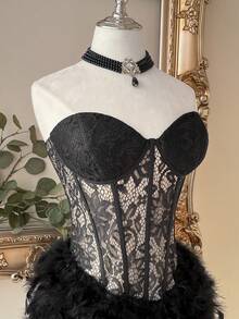 Lovelzi Elegant Black Lace Fabric Strapless Corset Bodycon Mini Dress Wedding Guest Party Cocktail Prom Banquet Dress - Black - View 4