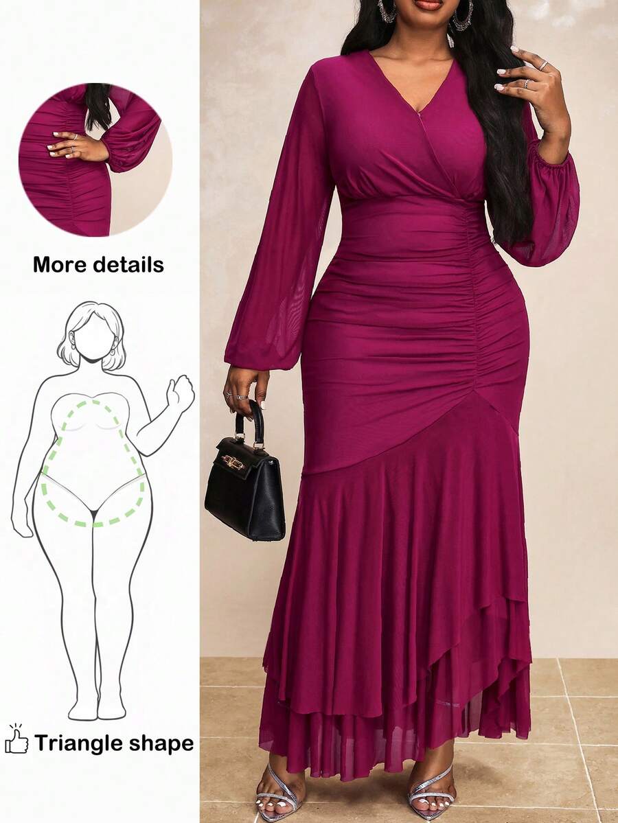 Truni Plus Size Elegant Solid Color Lantern Sleeve Dress, For Pear & Triangle Body Shape - Red Violet - View 1