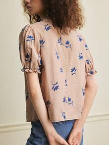 Écloséra 女士优雅衬衫，通勤衬衫，法式刺绣衬衫，V领衬衫，短袖衬衫，撞色衬衫，春夏衬衫 - 卡其色 - 查看 6