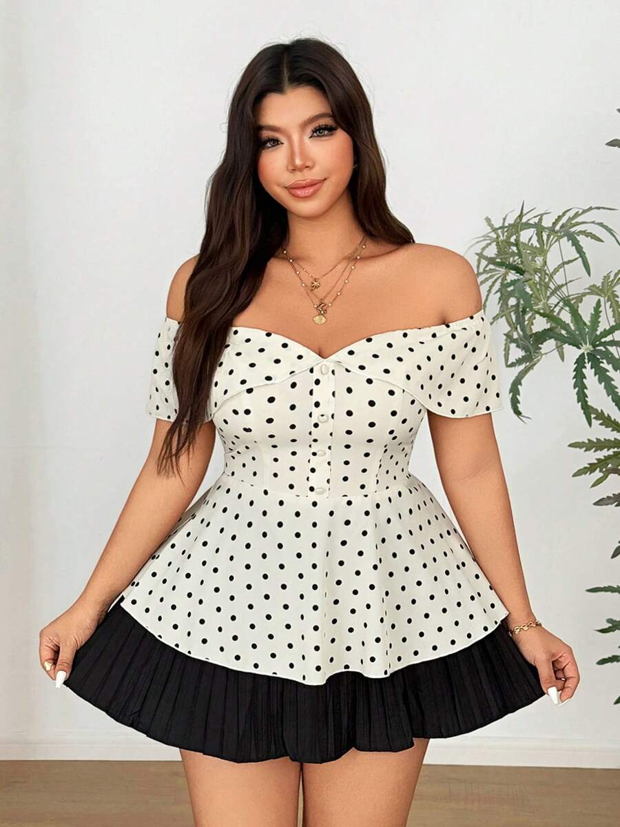 Vionelle 大码女士优雅浪漫波点露肩收腰上衣，春夏款 - 彩色 - 查看 1