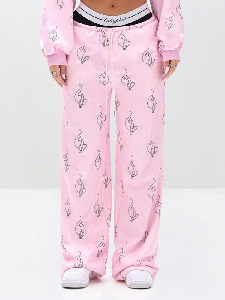 BABYPHAT All Over Print Baggy Sweatpants With Drawstring Waist And Loose Fit For Casual Comfort Streetwear Style Pink Lounge Pants Graphic Print Pants Pajama Pants Wide Leg Pants Pink Sweatpants