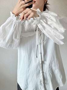 FRIFUL 女士刺绣不对称领蝴蝶结灯笼袖宽松衬衫 - 白色 - 查看 6