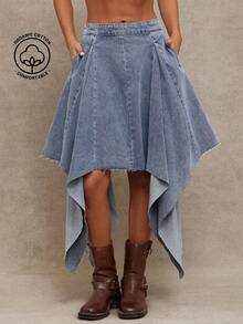 WESTFADE Pleated Handkerchief Raw Hem Asymmetrical Denim Midi Skirt - Medium Wash - View 1