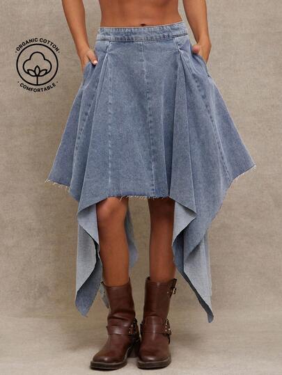 WESTFADE Pleated Handkerchief Raw Hem Asymmetrical Denim Midi Skirt