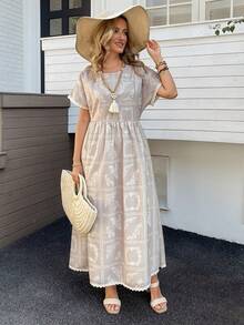 Livesso 女士圆领蕾丝拼接腰部印花中长连衣裙 - 杏色 - 查看 5