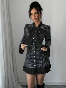 Selianne Women's Black And White Checkered Tweed Dress,Autumn Ellegant Office Urban Chic Pearl Button Long Sleeve Fitted Short Dress,Spring Bow Short Gown, Tall Women - Black - View 4