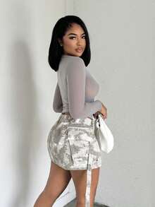 Alexandranx 女款迷彩印花及實用風格牛仔裙 - 灰色 - 查看 4