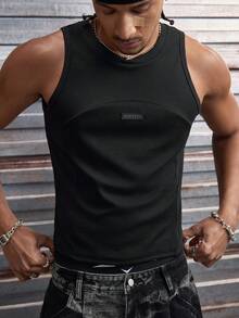 AXEPEAK Men's Letter Graphic Crew Neck Casual Versatile Tank Top - Black - View 1