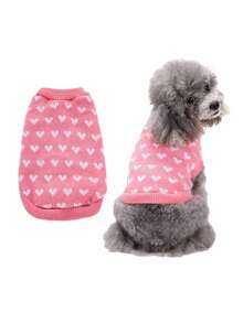 Warm Soft Wool Dog Sweater Vest, Red & Pink All-Over Print Heart Pet Clothes - Pink - View 1