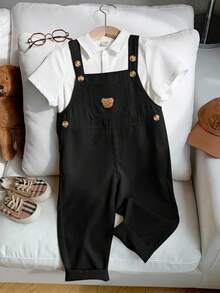 男童休闲舒适百搭可爱小熊图案背带裤 - 黑色 - 查看 3