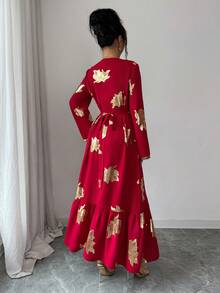 Elenzga 女士优雅时尚通勤休闲舒适迷人复古浪漫假日度假长袖V领收腰A字下摆金色花卉饰边花卉箔印连衣裙 - 紅色 - 查看 2