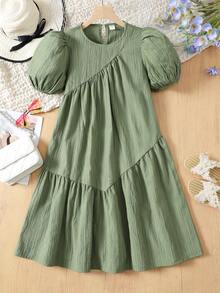 SHEIN 少女度假休闲时尚圆领泡泡袖中长连衣裙，适合海滩度假、午餐、音乐节等场合 - 綠色 - 查看 8