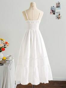 儿童夏季服装 青少年女孩白色纯色休闲优雅波西米亚热带拼接蕾丝边吊带连衣裙，适合海滩度假刺绣连衣裙 白色夏季连衣裙 白色太阳裙 褶皱连衣裙 中长连衣裙 白色连衣裙 舞会礼服 长裙 超长连衣裙 白色太阳裙 白色超长连衣裙 - 白色 - 查看 2