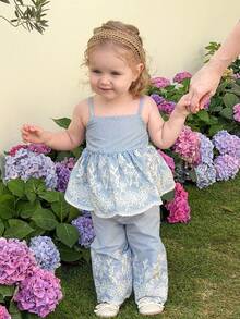 LMoss Kids 女婴夏季休闲乡村度假条纹花卉刺绣荷叶边吊带背心和裤子套装 - 藍白色 - 查看 9