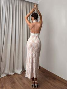 Firerie 女士优雅、精致、浪漫、端庄的节日派对、婚礼宾客、生日聚会、度假日常时尚都市风立领纽扣前开衩露背蕾丝修身白色连衣裙 - 白色 - 查看 5