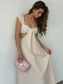 Aloruh 女士优雅波西米亚风长裙，杏色，宽领，A字裙摆设计 - 卡其色 - 查看 7